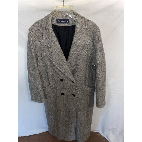 Herman Kay Women’s Overcoat Size 14 Gray Herringbone Wool Blend Going Out Party - Picture 1 of 12